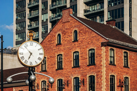 Ottawa, Canada â August 13, 2025: Street clock with Roman numerals standing beside a historic red-brick building in the ByWard Market area in downtown Ottawa, Canada, captured in warm evening sunlightのeditorial素材