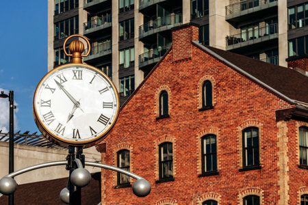 Ottawa, Canada â August 13, 2025: Street clock with Roman numerals standing beside a historic red-brick building in the ByWard Market area in downtown Ottawa, Canada, captured in warm evening sunlightのeditorial素材