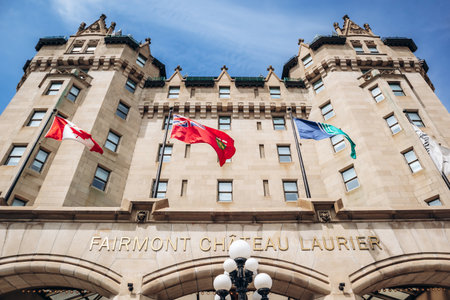 Ottawa, Canada - August 13, 2025: Fairmont Chateau Laurier facade with flags in central Ottawaのeditorial素材