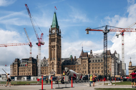 Ottawa, Canada - August 13, 2025: View of the Centre Block and Peace Tower under renovation on Parliament Hillのeditorial素材