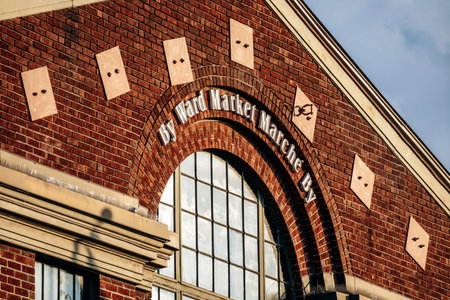 Ottawa, Canada â August 13, 2025: Close up view of the historic ByWard Market facade in downtown Ottawa, featuring red brick architecture and the marketâs iconic signage in warm evening light.のeditorial素材