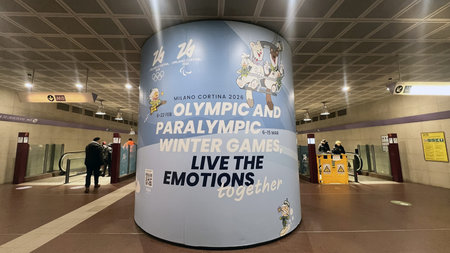 Milan, Italy - January 30, 2026: Promotional installation for the Milano Cortina 2026 Olympic and Paralympic Winter Games displayed inside a metro station in Milanのeditorial素材