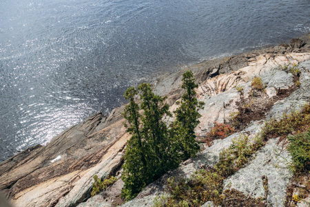 Rocky shoreline and sparkling water view along Eucher Trail in the Saguenay region, with small...