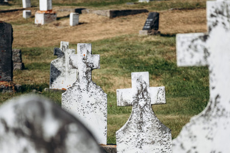 Historic cemetery of Tadoussac overlooking the St Lawrence River, with old stone crosses and gravestones on a grassy hill above the harbor and marinaの写真素材