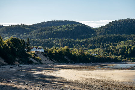 Low tide landscapes along the beaches of Baie Sainte Catherine with sandy and pebbled shoreline, calm shallow water, scattered rocks and forested hills in the background under clear blue skyの写真素材