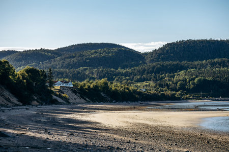 Low tide landscapes along the beaches of Baie Sainte Catherine with sandy and pebbled shoreline, calm shallow water, scattered rocks and forested hills in the background under clear blue skyの写真素材