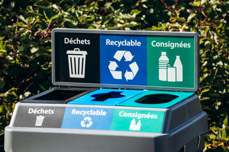 Public waste sorting station with separate compartments labeled â€œDechetsâ€ (Waste),...