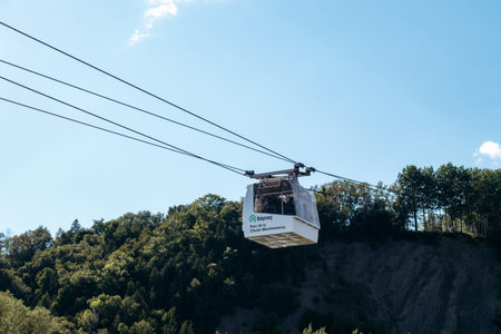 Beauport, Canada - August 22, 2025: Cable car gondola transporting visitors across Montmorency Falls...