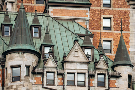 Quebec City, Canada - August 23, 2025: Close-up architectural details of Fairmont Le Chateau...