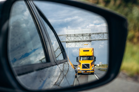 Montreal, Canada - August 24, 2025: Yellow semi truck visible in car side mirror while driving on...