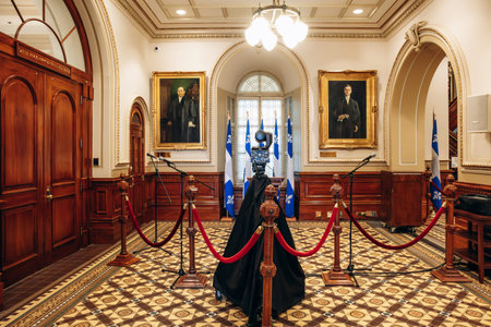 Quebec City, Canada - August 23, 2025: Press conference setup with podium, microphones and Quebec...