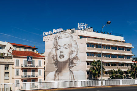 Cannes, France - September 15, 2025: Large mural portrait of Marilyn Monroe painted on the facade of the Hotel Cannes Riviera building along Boulevard d Alsace in Cannes on the French Rivieraのeditorial素材