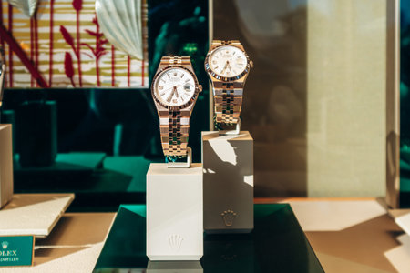 Cannes, France - September 15, 2025: Rolex luxury watches displayed in the window of a Rolex...