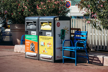 Cannes, France - September 15, 2025: Public recycling and domestic waste containers in a park area...