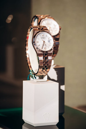Cannes, France - September 15, 2025: Rolex luxury watches displayed in the window of a Rolex...
