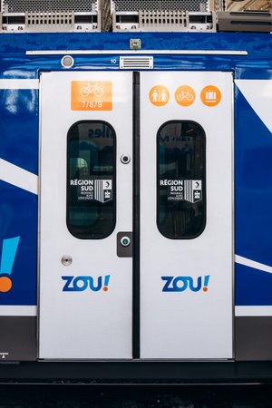 Nice, France - September 16, 2025: Doors of a regional ZOU train of Region Sud Provence Alpes Cote d...