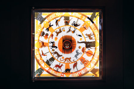 Munich, Germany - April 15, 2025: HermÃ¨s silk scarf displayed in boutique window at Munich...