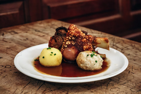 Munich, Germany - April 15, 2025: Traditional Bavarian pork knuckle served with dumplings and gravy inside the historic Hofbrauhaus beer hall in Munich, Germanyのeditorial素材