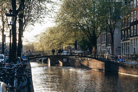 Amsterdam, Netherlands - April 18, 2026: Narrow canal with arched bridge, bicycles and spring trees glowing in warm evening sunlight in central Amsterdam