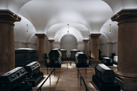 Berlin, Germany - April 23, 2026: Hohenzollern Crypt inside Berlin Cathedral (Berliner Dom) with historic royal sarcophagi and vaulted interior.