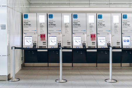 Paris, France - May 25, 2026: Automated ticket vending machines for metro and public transport at Paris Orly Airport.