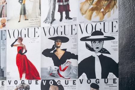 Paris, France - October 11, 2026: Collage of vintage Vogue magazine covers featuring fashion photography by Irving Penn, displayed at the Maison EuropÃ©enne de la Photographie.