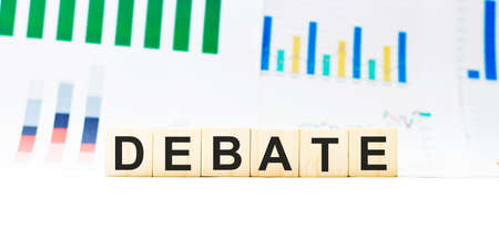 Word DEBATE made with wood building blocksの写真素材