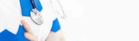 Medicine doctor with stethoscope in hand on hospital background, Medical technology, Healthcare and Medical conceptの写真素材