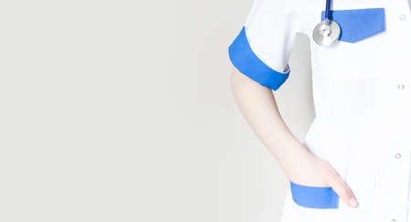 Medicine doctor with stethoscope in hand on hospital background, Medical technology, Healthcare and Medical conceptの写真素材