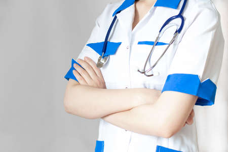 Medicine doctor with stethoscope in hand on hospital background, Medical technology, Healthcare and Medical conceptの写真素材