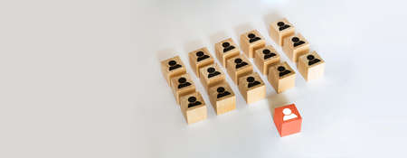 Wooden blocks with businessman icon on blue background, Organization structure, social network,...