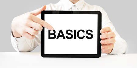 Text if not now, when on tablet display in businessman hands on the white bakcground. Business conceptの写真素材