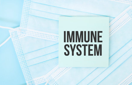 Piece of paper with phrase IMMUNE SYSTEM on pile of blue medical masks. Coronavirus pandemic conceptの写真素材