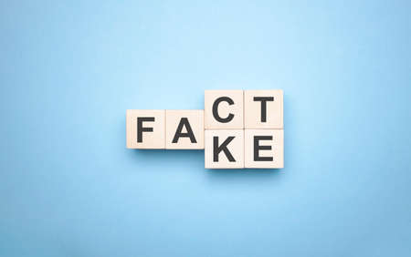 Wooden blocks with letters forming words Fact and Fake on blue background