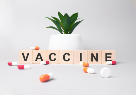 Word VACCINE made from wooden letters on gray backgound. Plant on backgound. Medical conceptの写真素材