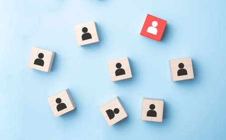image of wooden blocks with people icon over mint table, building a strong team, human resources and...