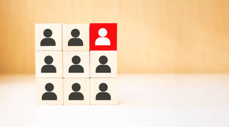 people icons with a light bulb on cube wooden toy blocks stacked.の写真素材