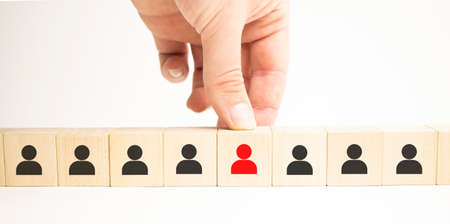 Human resource and talent management and recruitment business concept, Wooden cube block on top staircaseの写真素材