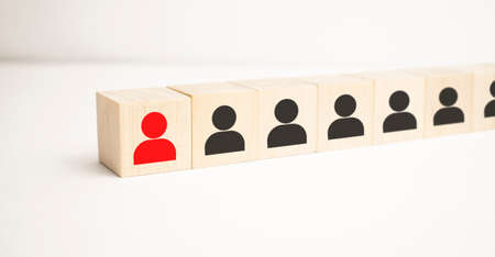 Wooden blocks with businessman icon on blue background, Organization structure, social network,の写真素材