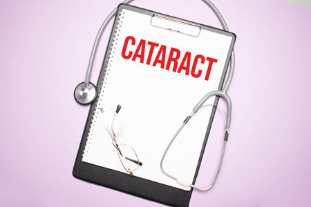 Gray stethoscope and paper plate with a sheet of white paper with text cataract light blue backround. Medical concept.の写真素材