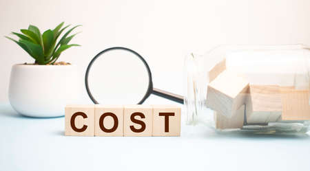 Wooden Blocks with the text: Costs with magnifying glass. Costs word made with building blocks. business conceptの写真素材