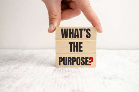 WHAT IS THE PURPOSE text on wooden blockの写真素材