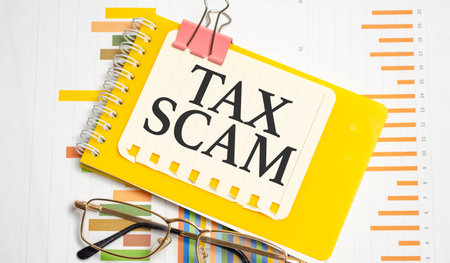 Text Tax Tax Scam on card with pen on financial table. business and financial conceptの写真素材