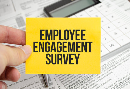yellow card with text Employee Engagement Survey on tax formsの写真素材