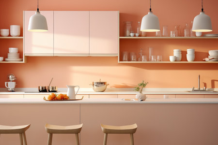 Contemporary Kitchen in Peach Fuzz Brilliance, modern kitchen with the brilliance of the color resembling peach fuzz. Emphasize sleek surfaces and kitchenware in this inviting hueの素材