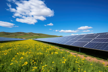 A sunny field with rows of solar panels capturing sunlight, creating a renewable energy farmの素材