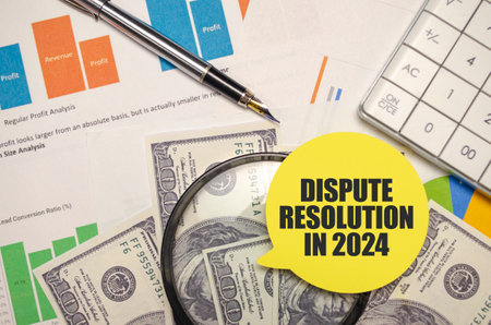DISPUTE RESOLUTION IN 2024 on yellow sticker with pen and calculatorの写真素材