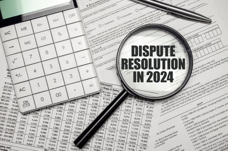 DISPUTE RESOLUTION IN 2024 word on magnifying glass with calculator and documentsの写真素材