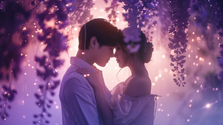 Enchanted couple embracing in a mystical forest setting with purple lighting and bokeh. Fairytale romance conceptの素材