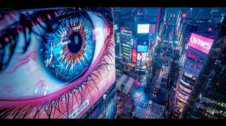 Abstract eye superimposed on cityscape showcasing surveillance concept. Futuristic urban technology theme.の素材